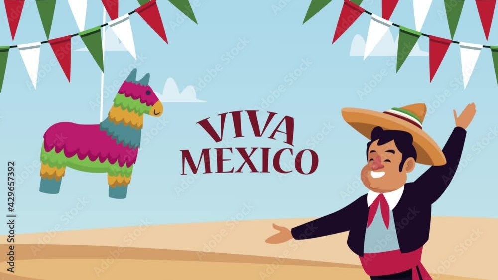 viva mexico lettering with mariachi and pinata