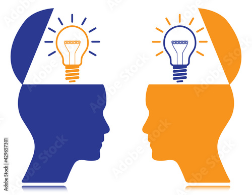 Two blue and orange colored open minded heads with light bulb vector design. Teamwork concept design to use in business, communication, success and business meeting concept projects and presentations.