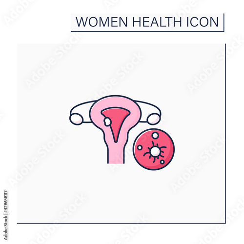 Uterine cancer color icon. Reproductive system disease.Malignant tumors in the uterus. Endometrial cancer. Health care. Woman health concept. Isolated vector illustration