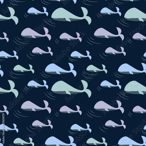 Seamless pattern with whales. dark background. sounds, songs of a whale. print for fabric. design of wallpaper, curtains. vector eps 10 children's drawing.