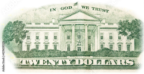 Close-up 20 US dollar banknotes, reverse side twenty dollar banknote depicting white house. Cash exchange currency.