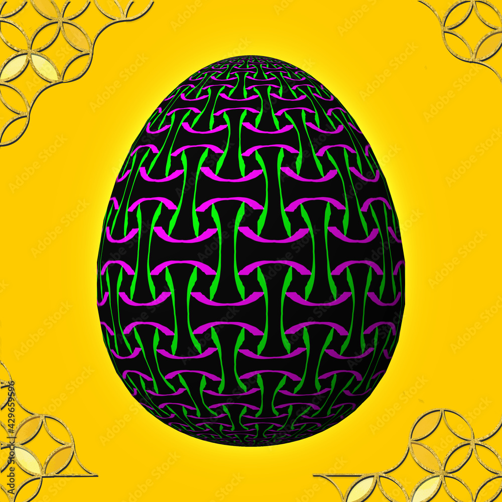 Happy Easter, Artfully designed and colorful 3D easter egg, 3D illustration on yellow background with frame Happy Easter, Artfully designed and colorful 3D easter egg, 3D illustration on yellow background with frame