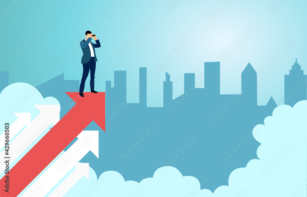 Businessman on growing arrow looking in future holding telescope against cityscape,Business vision and target,Vector illustration flat. Businessman on growing arrow looking in future holding telescope against cityscape,Business vision and target,Vector illustration flat.