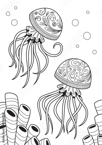 Jellyfish antistress doodle coloring book page for adults. Zentangle stylized sea animal. Black and white contoured illustraton