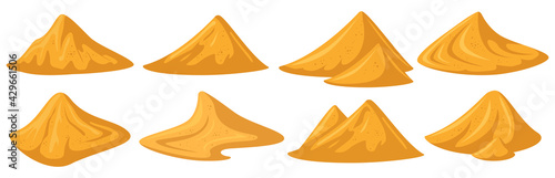 Sand piles. Yellow sandy heap, construction building material piles, bulk construction materials heaps. Sandy mounds vector illustration set