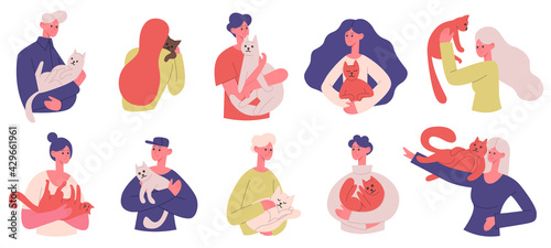Cat owners. People and cute cats, happy domestic animals owners, men and women hugging cats vector illustration set. Owners hugging cats
