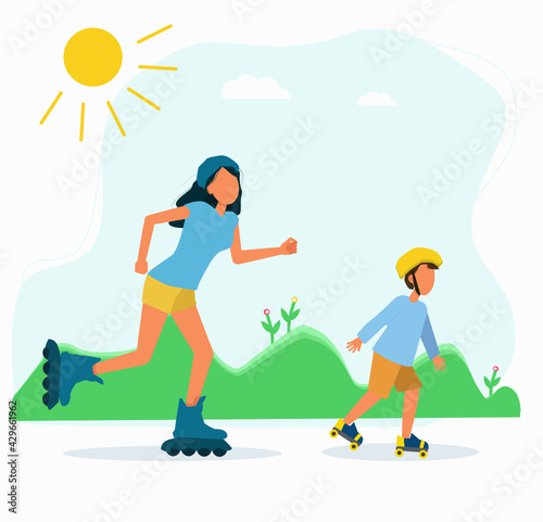 Mom and son are skating.Entertainment in free time, respecting the distance. Vector image in flat style.