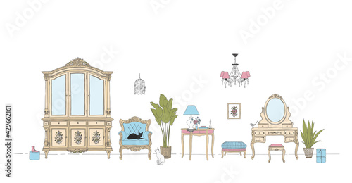 Set of furniture and decorative elements for interiors in Provence style along the wall. Hand-drawn vector illustration.