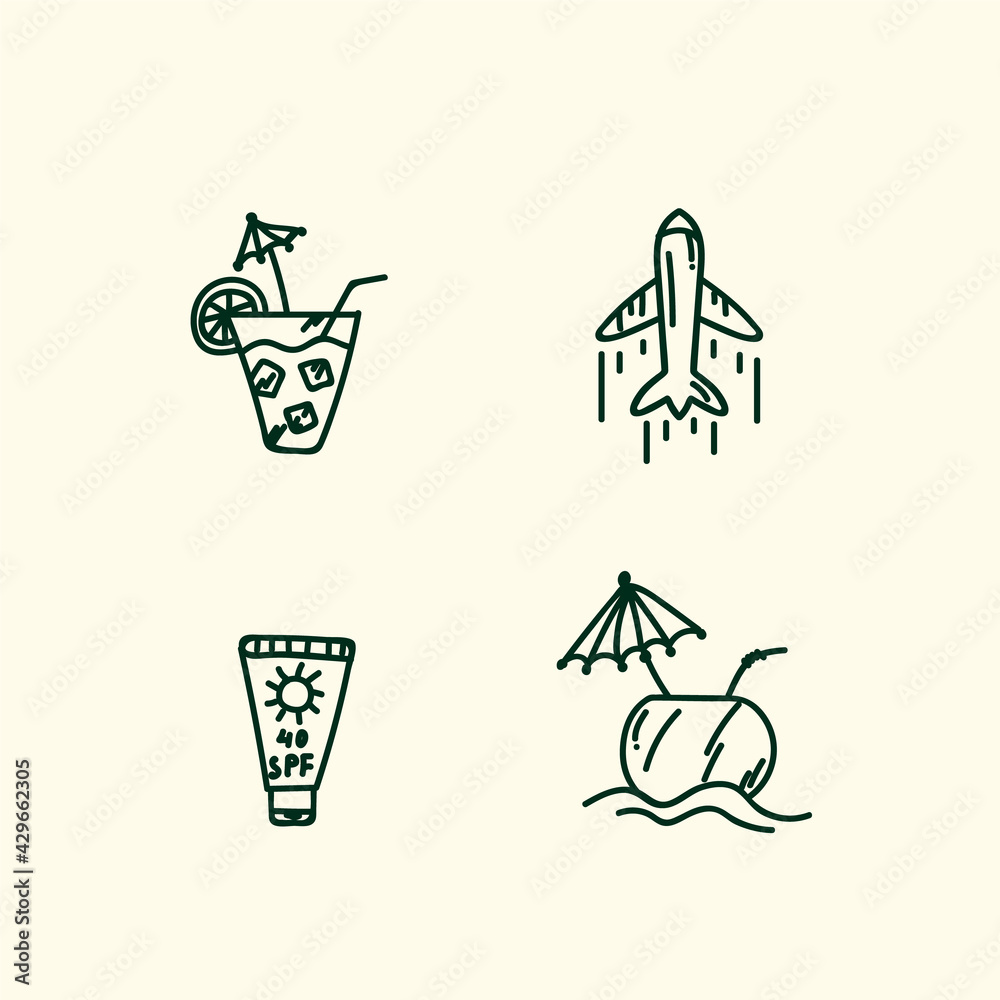 A set of summer Doodle icons. Collection of summer holiday symbols. Icons of summer Airplane, Sunscreen, Coconut cocktail, Cold drink in a glass. Vector illustration