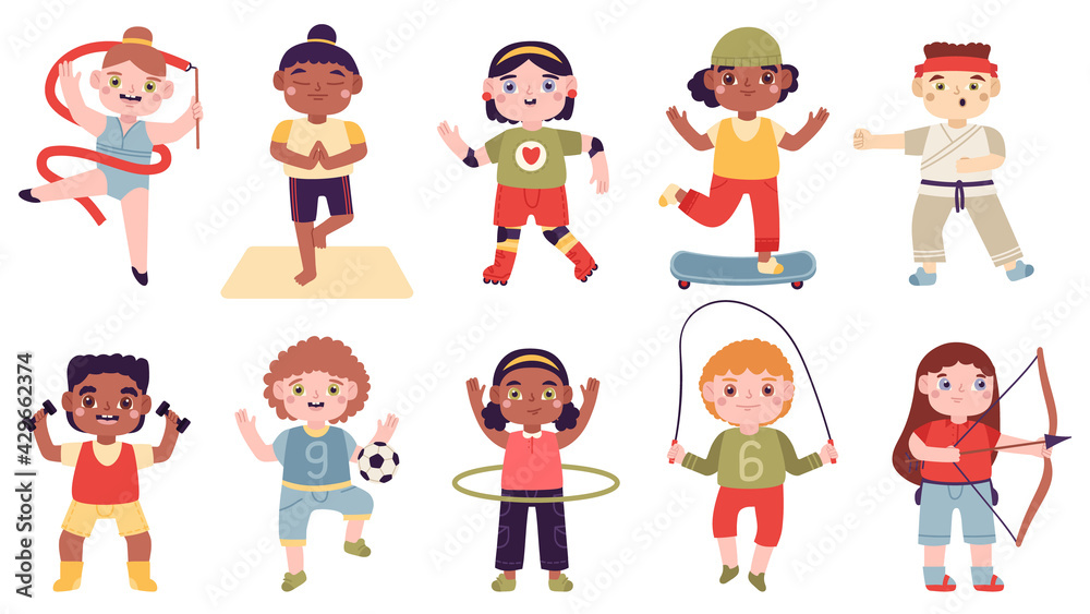 Kids sport activities. Children activities, gymnastics, football, martial arts and roller skating vector illustration set. Little children sports exercises Kids sport activities. Children activities, gymnastics, football, martial arts and roller skating vector illustration set. Little children sports exercises