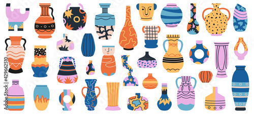 Ceramic vases. Porcelain ceramic vase, minimalist antique pottery isolated hand drawn vector illustration set. Decorative porcelain interior pottery