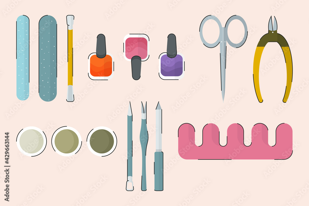 Manicure tools vector set. Various manicure accessories, beauty salon equipment. Nail scissors, nail file, nail polish etc. Cartoon vector illustration. Manicure tools vector set. Various manicure accessories, beauty salon equipment. Nail scissors, nail file, nail polish etc. Cartoon vector illustration.