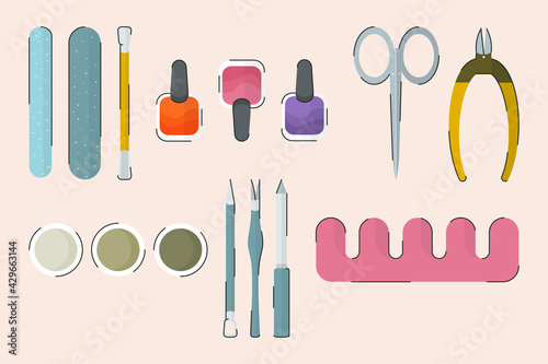 Manicure tools vector set. Various manicure accessories, beauty salon equipment. Nail scissors, nail file, nail polish etc. Cartoon vector illustration.