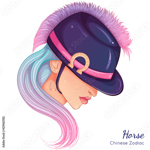 Chinese Zodiac. Vector illustration the symbols of the year of Horse as a beautiful fashion girl in hat. Portrait isolated on white background. Fashion model woman