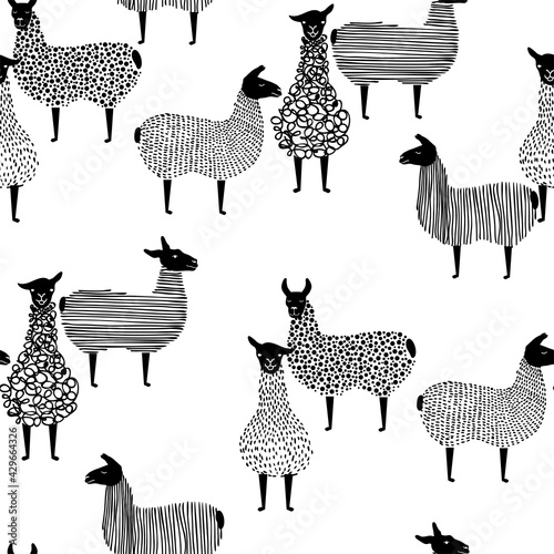 Vector seamless patterns of cute llama or alpaca.Hand-drawn vector illustration.