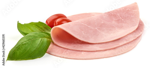 Boiled Ham Slices, close-up, isolated on white background