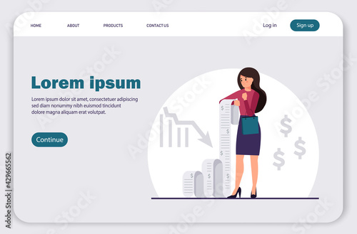 Landing page, upset woman holding a long bill, financial losses