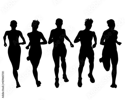 Young athletes run a marathon. Isolated silhouettes on white background