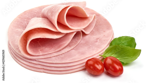 Boiled Ham Slices, close-up, isolated on white background