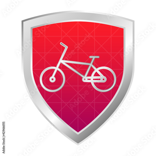 Red shield with bicycle icon and chrome frame. Silver bike protected lane concept. Vector illustration.