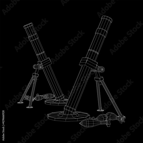 Firearm weapon army mortar and mine. Wireframe low poly mesh vector illustration