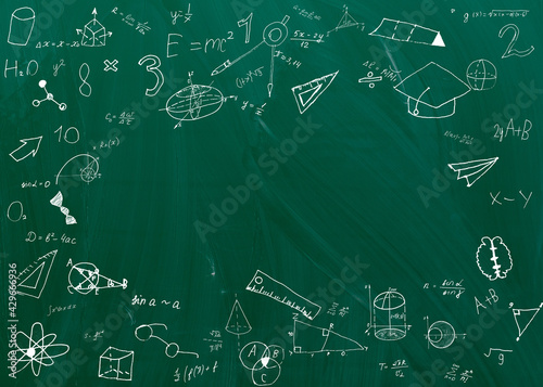 Handwritten equations on a green blackboard