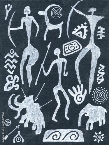 white graphic illustration of rock paintings of ancient African people. Ritual drawings of hunters with bows and wounded animals with arrows,symbols and tattoos. Mammoths,elephants,deer.rock painting