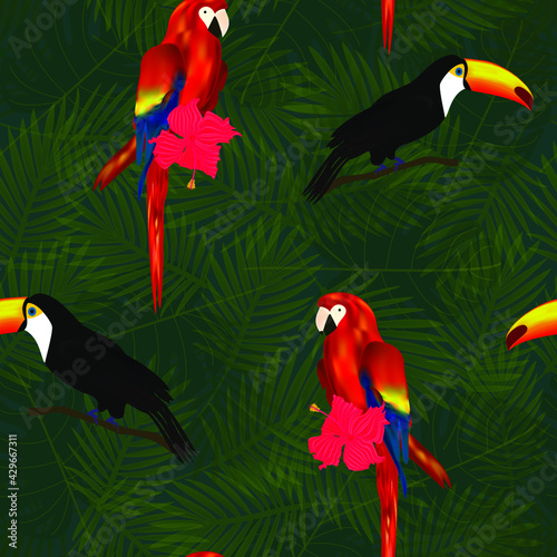 Exotic seamless pattern with tropical flowers, toucans and parrots on palm leaves background