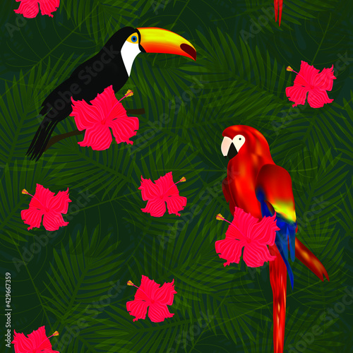 Exotic seamless pattern with tropical flowers, toucans and parrots on palm leaves background