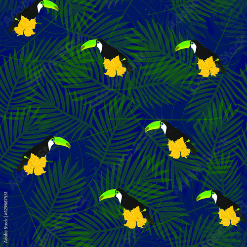 Exotic composition of toucans and tropical flowers on the background of palm leaves. Seamless vector pattern © Vlada Balabushka