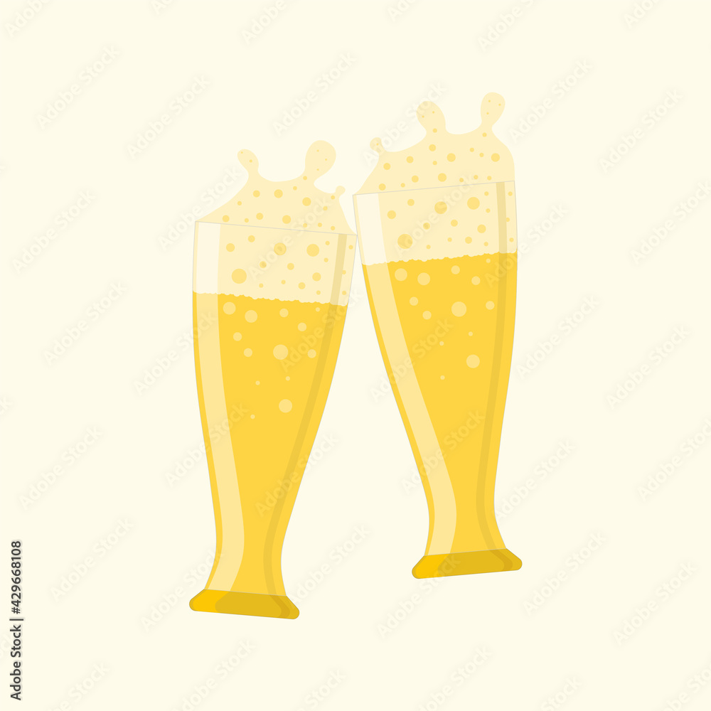 Two clinking glasses of beer. Vector illustration on a light yellow background. Icon. sign. For various design purposes. Two clinking glasses of beer. Vector illustration on a light yellow background. Icon. sign. For various design purposes.