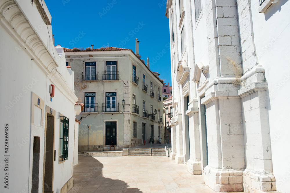 Beautiful buildings at Lisbon old city . Sunny day of summer. Europe