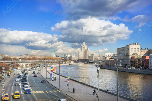 View of the Moskva River and the skyscraper on Kotelnicheskaya Embankment from the Bolshoy Kamenny Bridge in Moscow