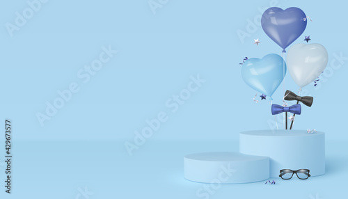 Happy Fathers Day display podium with glasses, bow tie and heart balloons. Blue background with copy space. Realistic vector illustration.
