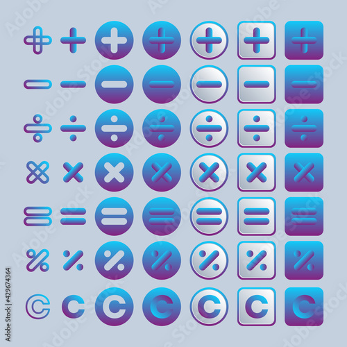 Set of calculator buttons signs and symbols for applications. Colorful multicolored vector badges for design. 