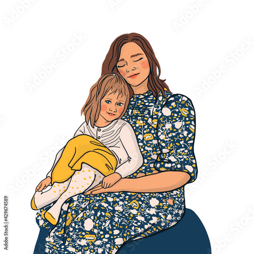 Mom gently hugging her daughter with a lot of love. Mother's day or March 8 card, holiday concept. Cartoon flat isolated vector design on white background