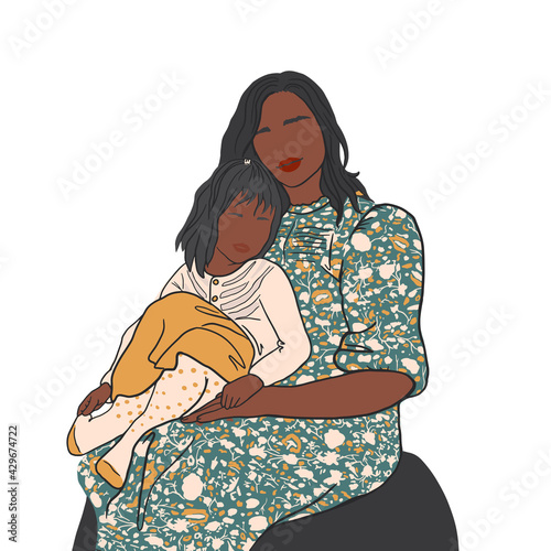 Mom gently hugging her daughter with a lot of love. Mother's day or March 8 card, holiday concept. Africanamerican black woman and young girl. Cartoon flat isolated vector design.