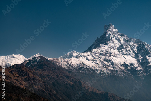 Machapuchare mountain in the Himalaya Nepal. View from the Mardi Himal range in spring time. 