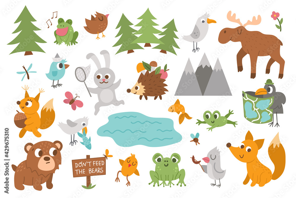 Fototapeta premium Vector forest animals, insects and birds set. Funny woodland campfire icons collection. Cute forest illustration for kids with mountains, trees, moose, frog, bear, squirrel, hedgehog and fox. .