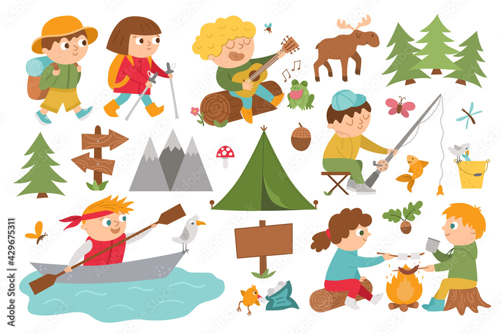 Vector cute children doing summer camp activities. Kids hiking, fishing, rafting, eating marshmallow and sausage by the fire and playing the guitar. Outdoor tourists, nature and animals icons set. .