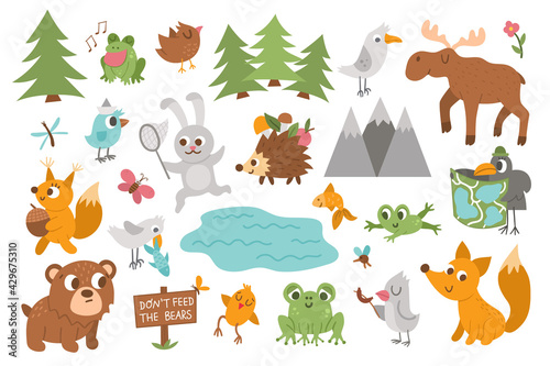 Vector forest animals, insects and birds set. Funny woodland campfire icons collection. Cute forest illustration for kids with mountains, trees, moose, frog, bear, squirrel, hedgehog and fox. .