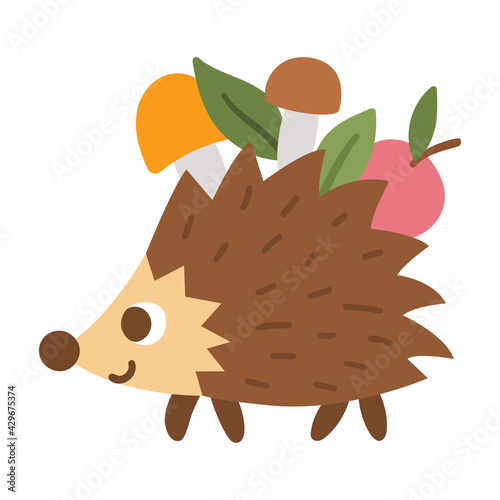 Vector hedgehog carrying mushrooms and apple. Funny woodland animal icon. Cute forest illustration for kids isolated on white background. .