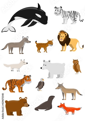Vector set animals. Predators. Flat style character. Vector illustration for children.