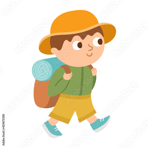 Vector cute boy with backpack. Hiking traveler isolated on white background. Outdoor tourist icon. Cute cartoon kid doing summer camp activity. Funny hiker illustration.