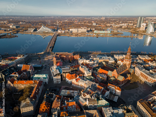 Aerial panorama view of old city Riga. Dome cathedral  bridges over River Daugava and National Librabry