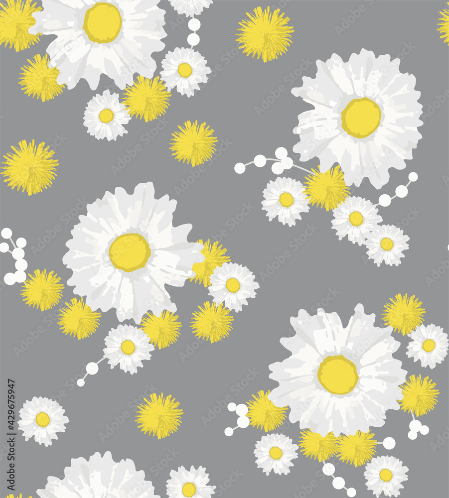 Camomile and dandelion seamless pattern on grey background. Perfect for wallpaper, background, textile or wrapping paper. Flat vector illustration.