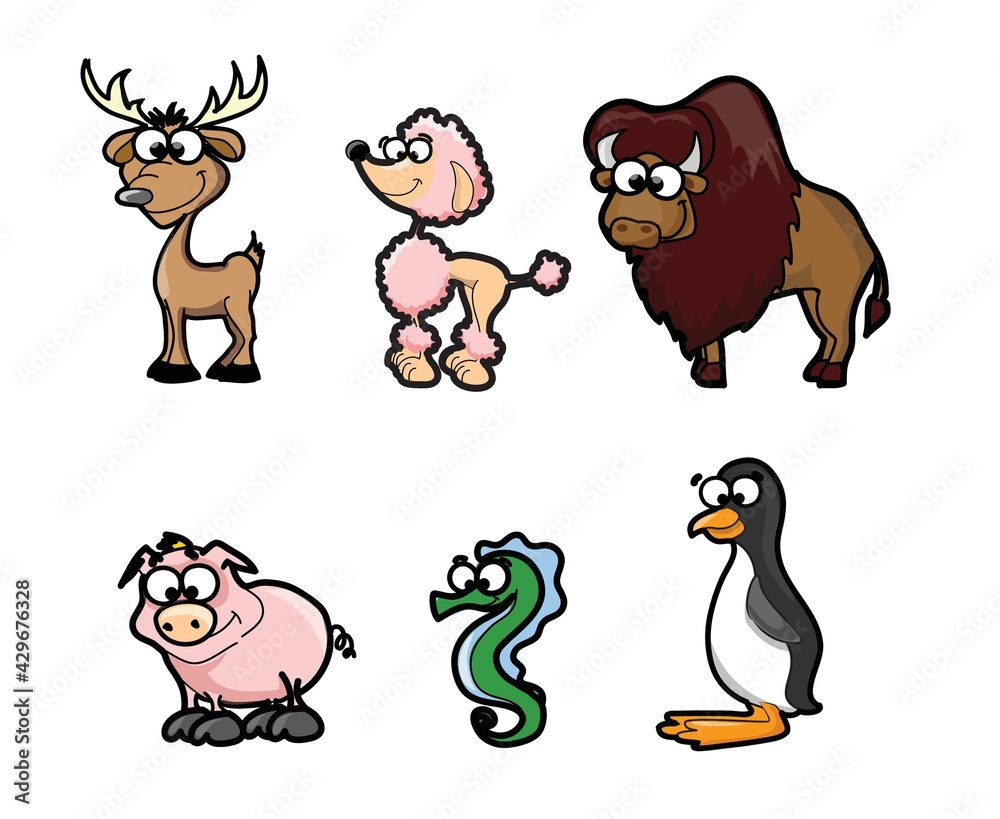Collection of hipster cartoon character animals deer, poodle, bison, penguin, pig Collection of hipster cartoon character animals deer, poodle, bison, penguin, pig