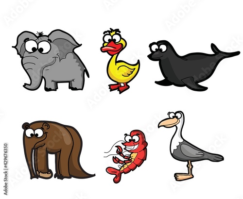 Collection of hipster cartoon character animals elephant  anteater  duck  seagull  shrimp