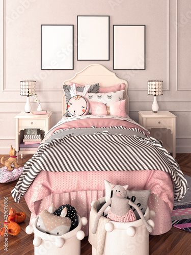 Children's room for girls in classic style in light pink colors and white furniture. 3D rendering. Three frames mockup