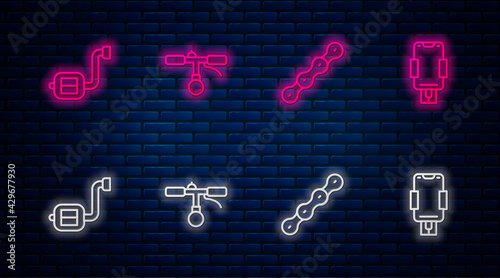 Set line Bicycle handlebar, chain, pedal and Mobile holder. Glowing neon icon on brick wall. Vector